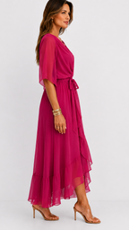 Women's Chiffon Wrap Dress – V-Neck Tie Waist Flowy Occasion Dress