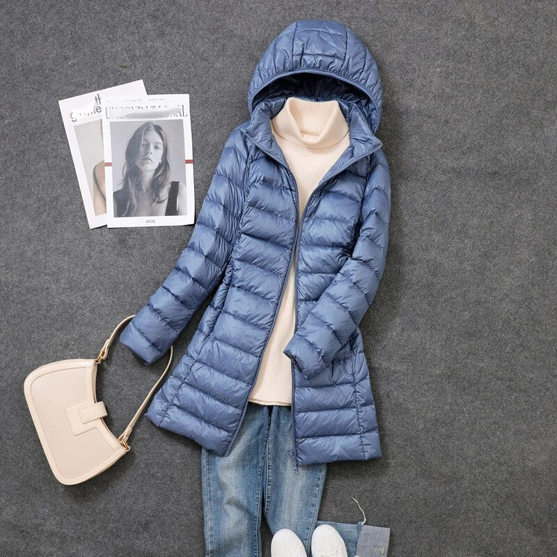 Women's Lightweight Puffer Coat – Removable Hood Longline Jacket