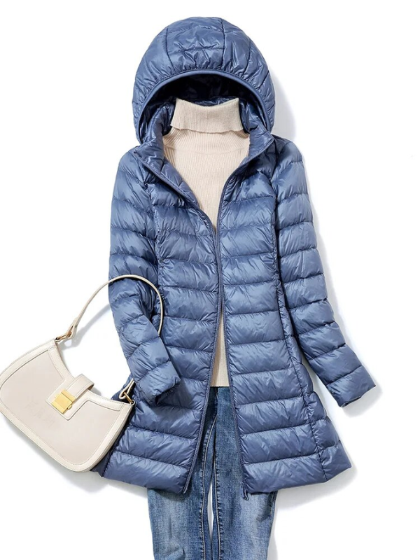 Women's Lightweight Puffer Coat – Removable Hood Longline Jacket