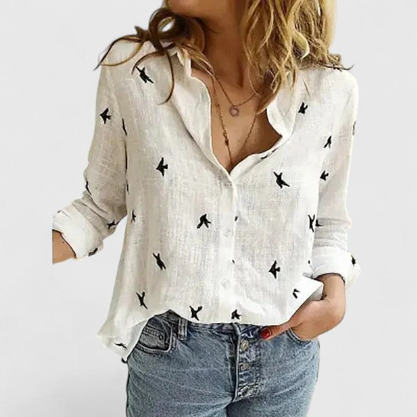 Women's Button Blouse with Henley Neckline and Tab Sleeves