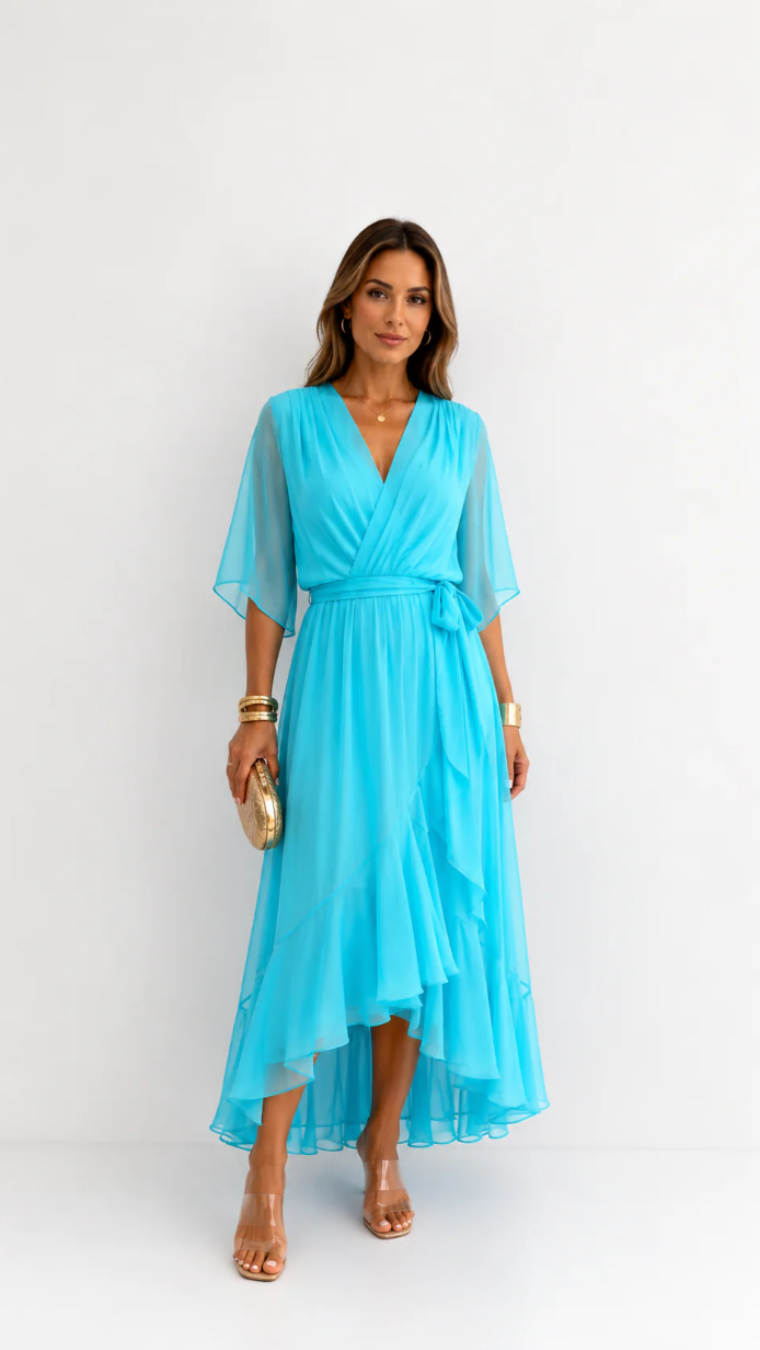 Women's Chiffon Wrap Dress – V-Neck Tie Waist Flowy Occasion Dress