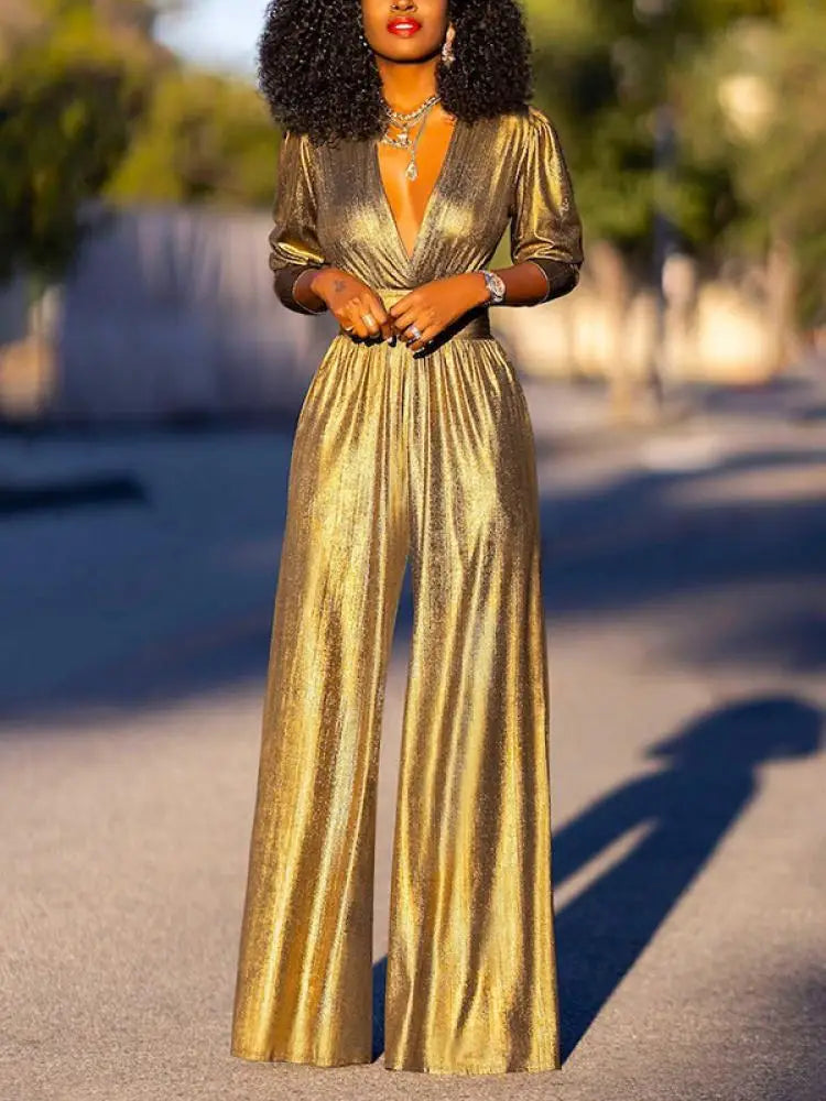 Women's V-Neck Wide Leg Jumpsuit – Shimmer Three-Quarter Sleeve Jumpsuit