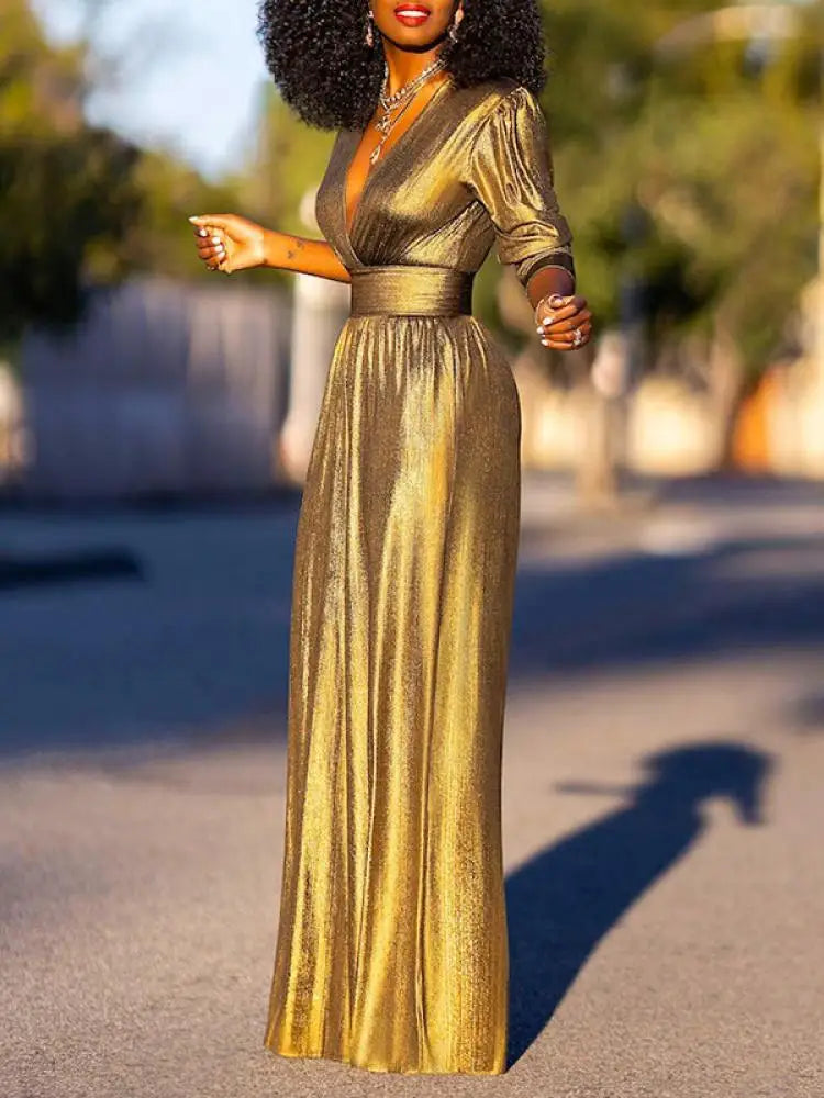Women's V-Neck Wide Leg Jumpsuit – Shimmer Three-Quarter Sleeve Jumpsuit