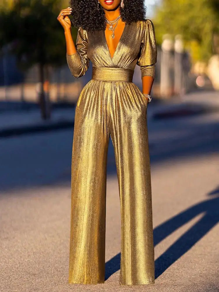 Women's V-Neck Wide Leg Jumpsuit – Shimmer Three-Quarter Sleeve Jumpsuit