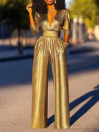 Women's V-Neck Wide Leg Jumpsuit – Shimmer Three-Quarter Sleeve Jumpsuit