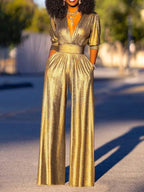 Women's V-Neck Wide Leg Jumpsuit – Shimmer Three-Quarter Sleeve Jumpsuit