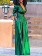 Women's V-Neck Wide Leg Jumpsuit – Shimmer Three-Quarter Sleeve Jumpsuit