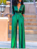 Women's V-Neck Wide Leg Jumpsuit – Shimmer Three-Quarter Sleeve Jumpsuit