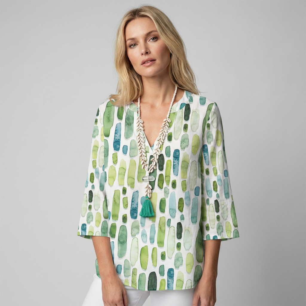 Women's Geometric Print Blouse – V-Neck Three-Quarter Sleeve Blouse