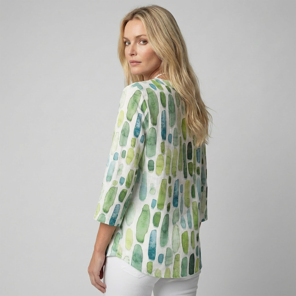 Women's Geometric Print Blouse – V-Neck Three-Quarter Sleeve Blouse
