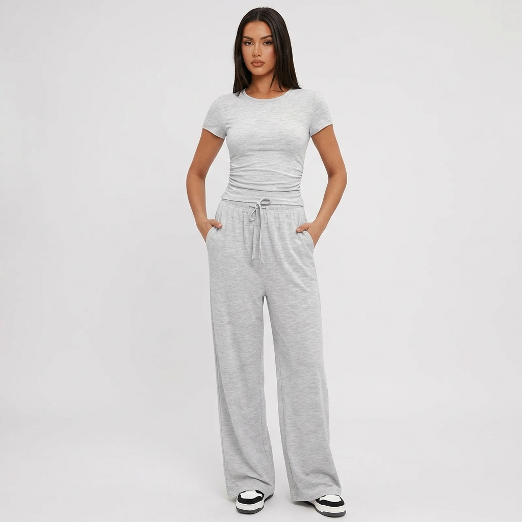 Women's Wide Leg Lounge Set – Ruffle Crop Top Matching Pants Set