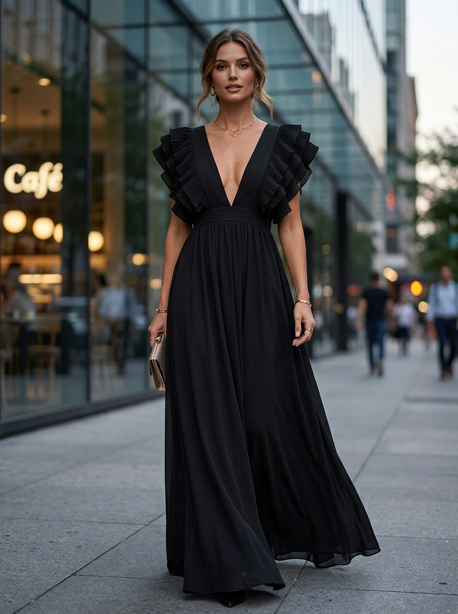 Women's Wedding Guest V-Neck Maxi Dress – Ruffle Flowy Occasion Dress