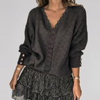 Women's Openwork V-Neck Blouse – Long Sleeve Textured Detail Blouse