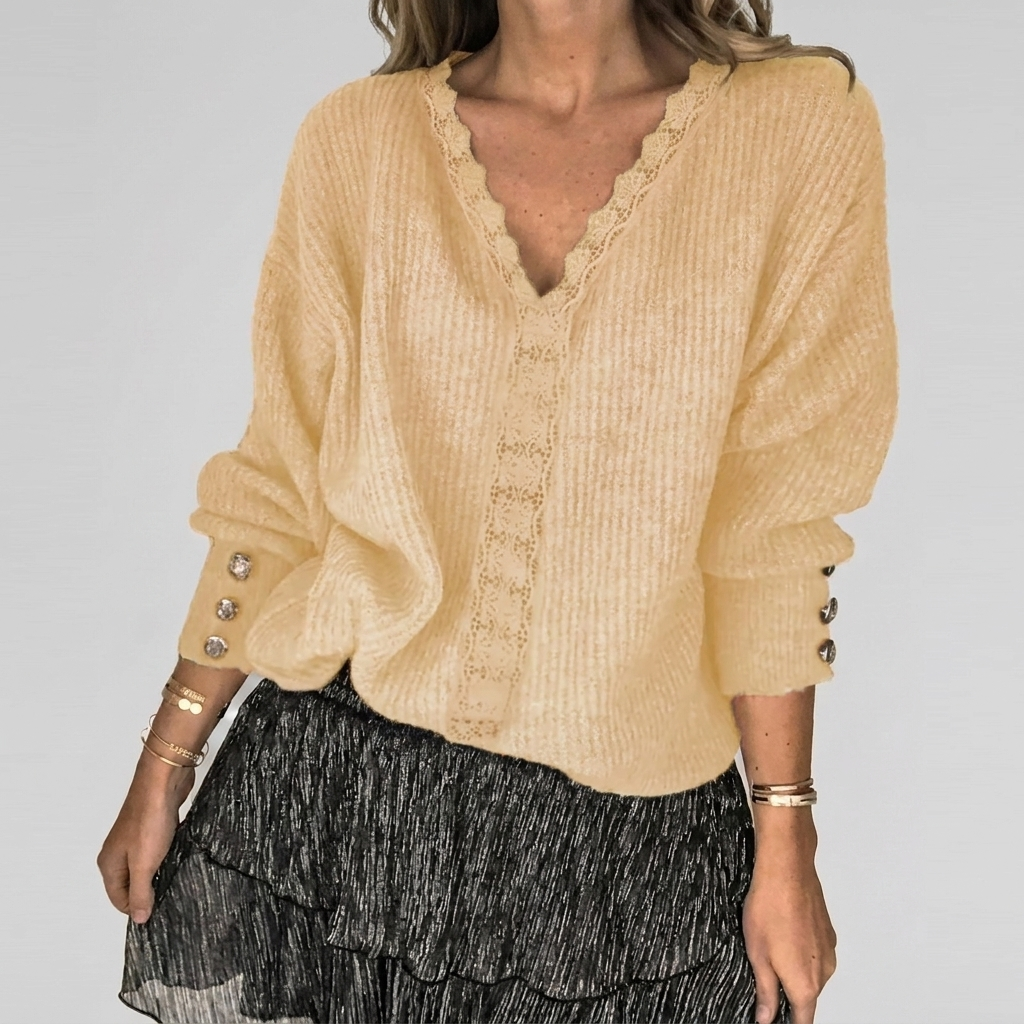 Women's Openwork V-Neck Blouse – Long Sleeve Textured Detail Blouse