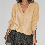 Women's Openwork V-Neck Blouse – Long Sleeve Textured Detail Blouse