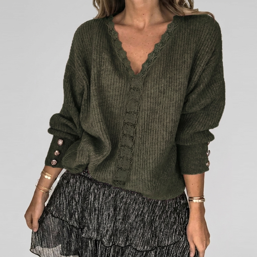 Women's Openwork V-Neck Blouse – Long Sleeve Textured Detail Blouse