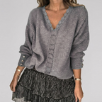 Women's Openwork V-Neck Blouse – Long Sleeve Textured Detail Blouse