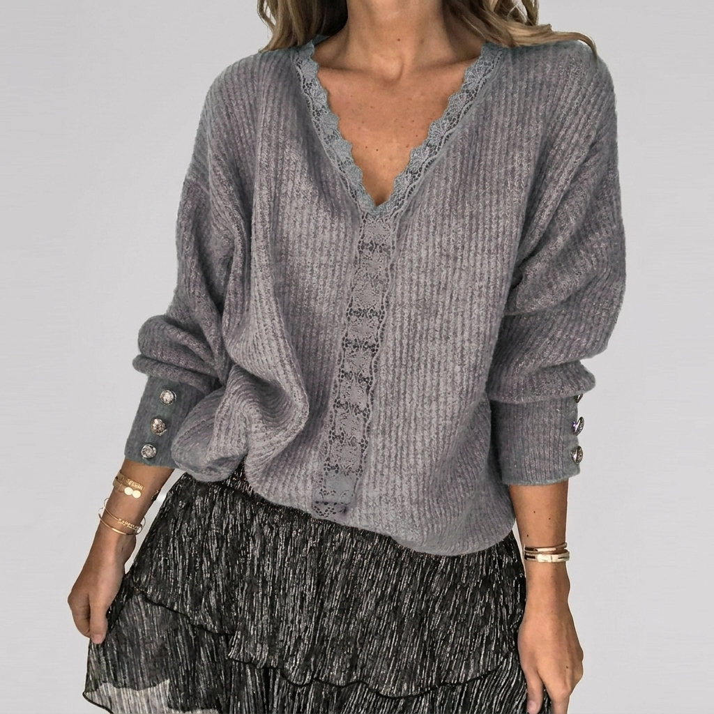 Women's Openwork V-Neck Blouse – Long Sleeve Textured Detail Blouse