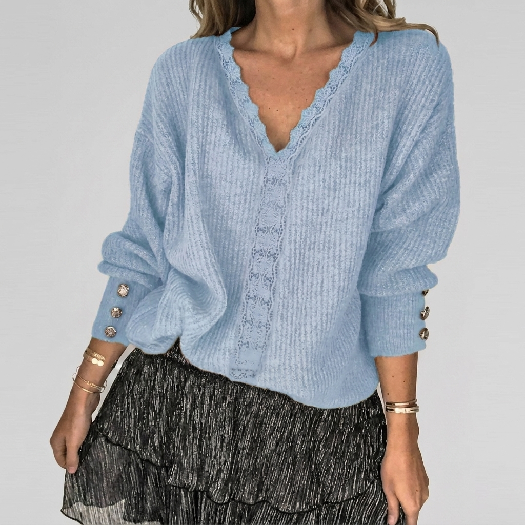 Women's Openwork V-Neck Blouse – Long Sleeve Textured Detail Blouse