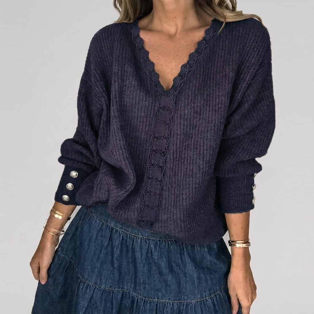 Women's Openwork V-Neck Blouse – Long Sleeve Textured Detail Blouse