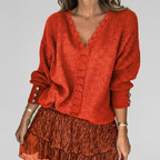 Women's Openwork V-Neck Blouse – Long Sleeve Textured Detail Blouse