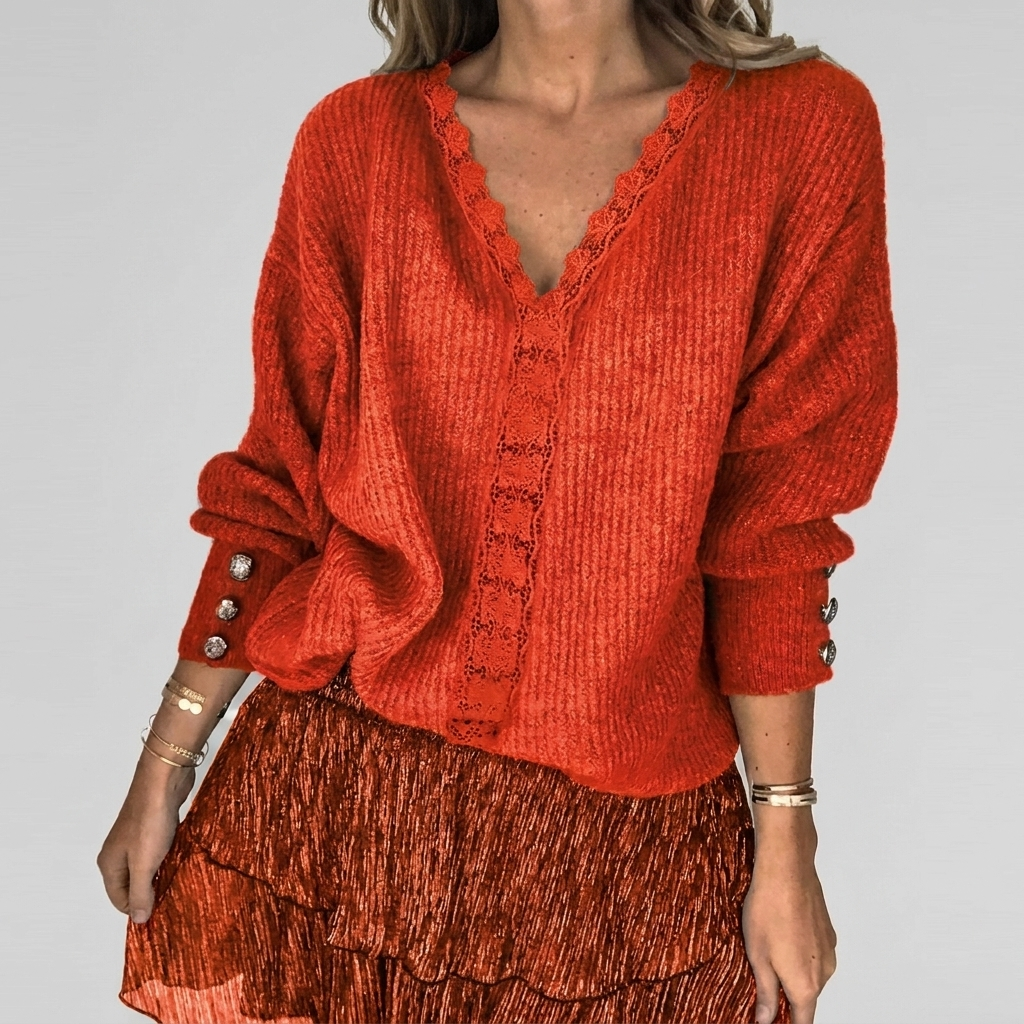 Women's Openwork V-Neck Blouse – Long Sleeve Textured Detail Blouse
