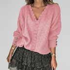 Women's Openwork V-Neck Blouse – Long Sleeve Textured Detail Blouse