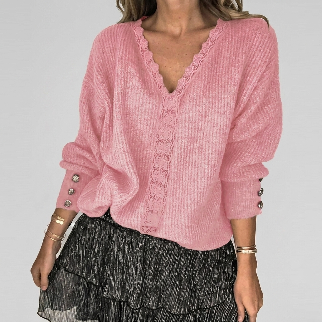 Women's Openwork V-Neck Blouse – Long Sleeve Textured Detail Blouse