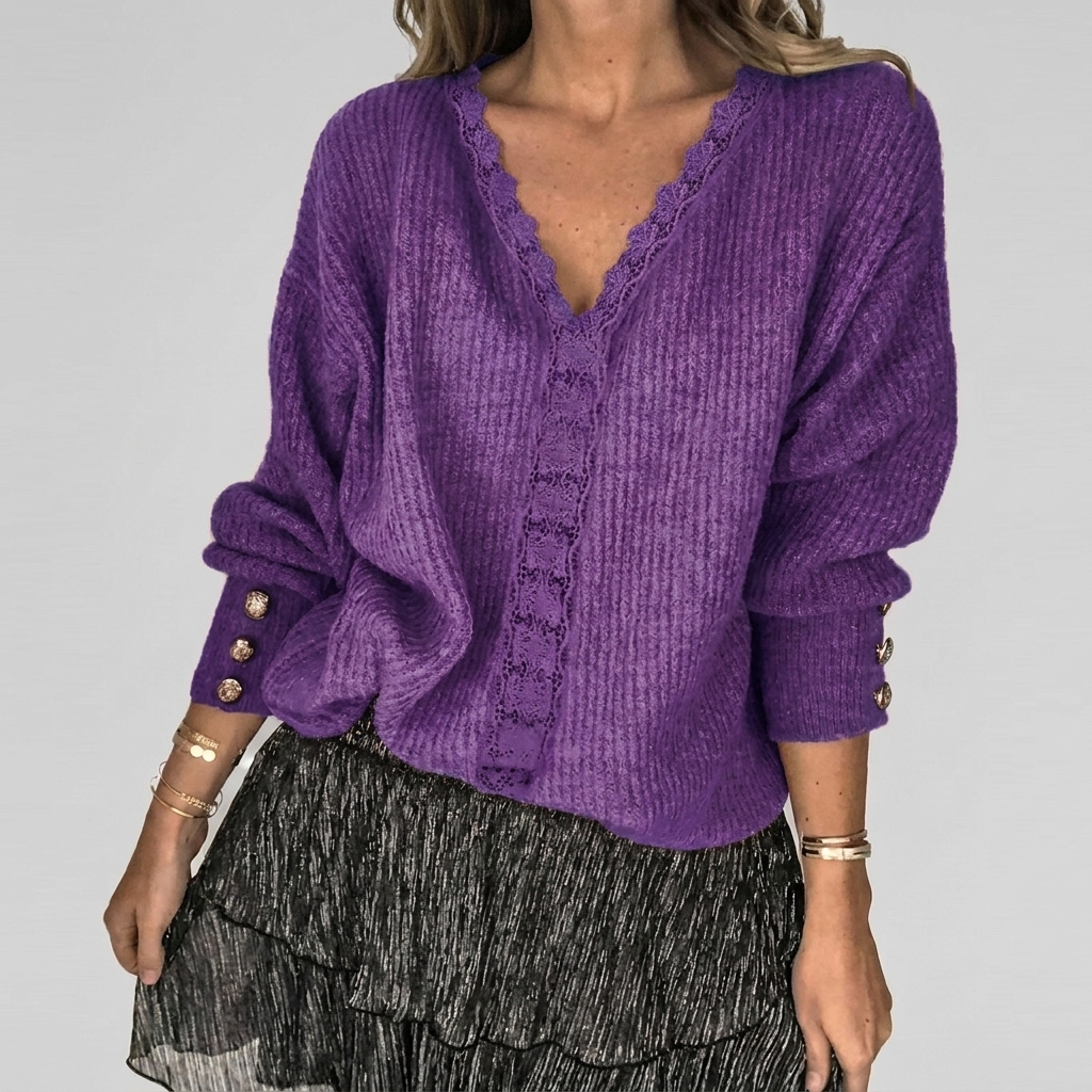 Women's Openwork V-Neck Blouse – Long Sleeve Textured Detail Blouse