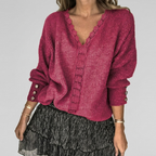 Women's Openwork V-Neck Blouse – Long Sleeve Textured Detail Blouse