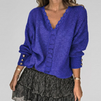 Women's Openwork V-Neck Blouse – Long Sleeve Textured Detail Blouse