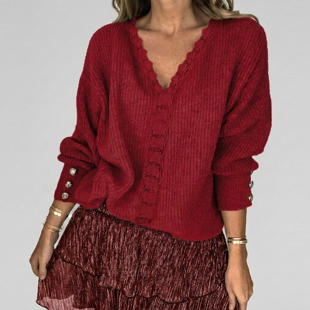 Women's Openwork V-Neck Blouse – Long Sleeve Textured Detail Blouse