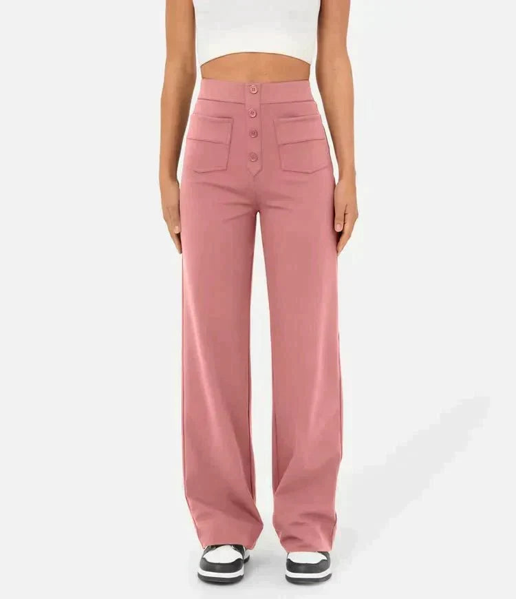 Women's Stretch Button Detail Pants – High Waist Elastic Waist Trousers