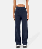 Women's Stretch Button Detail Pants – High Waist Elastic Waist Trousers