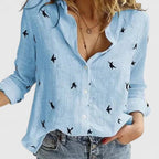 Women's Button Blouse with Henley Neckline and Tab Sleeves