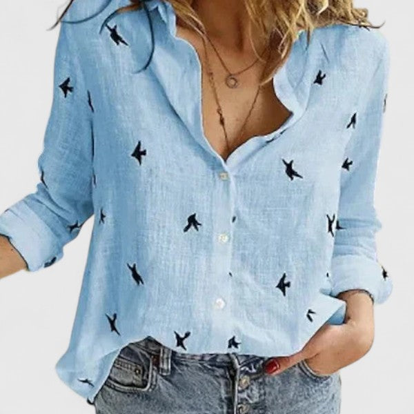 Women's Button Blouse with Henley Neckline and Tab Sleeves