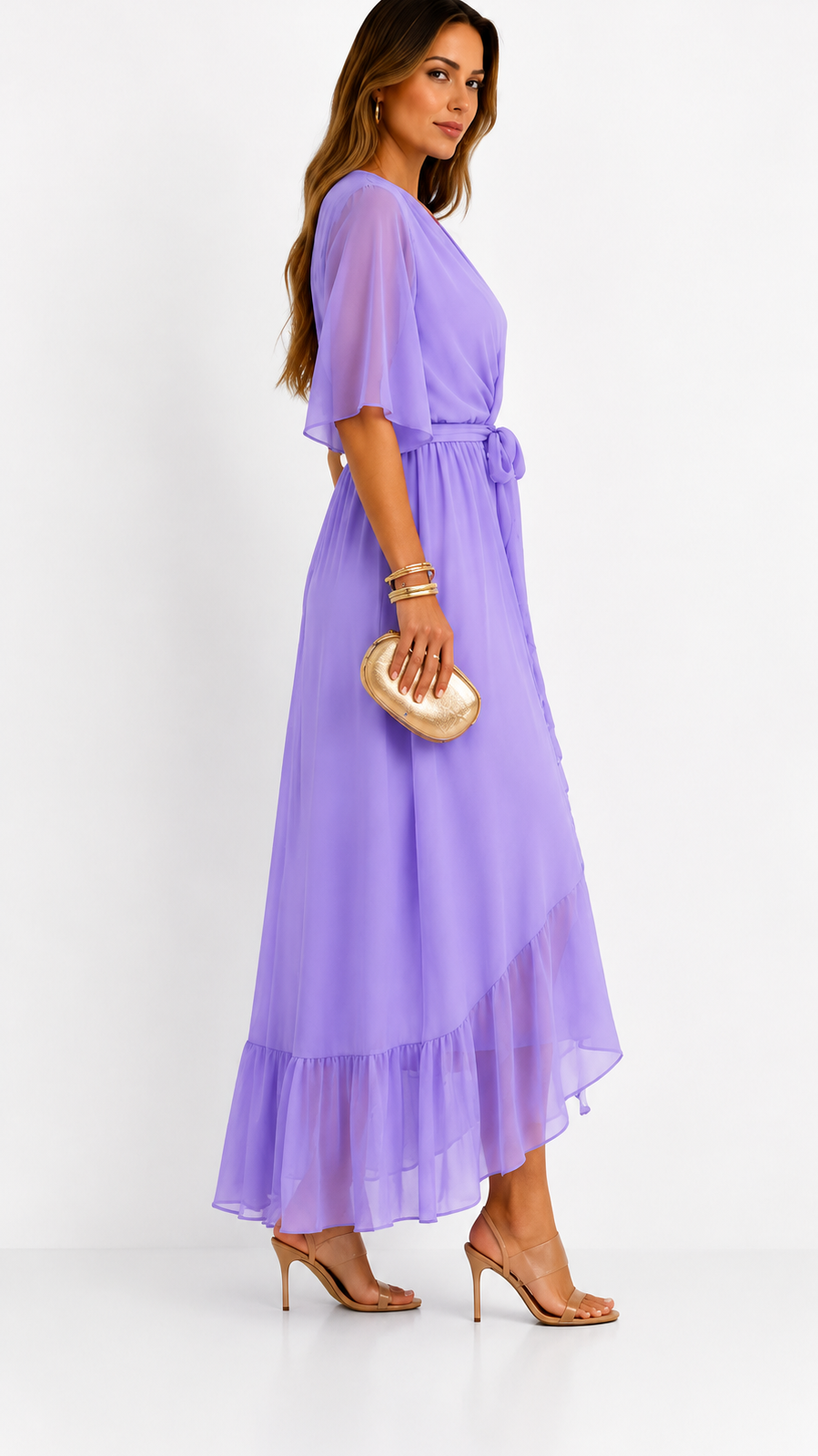 Women's Chiffon Wrap Dress – V-Neck Tie Waist Flowy Occasion Dress
