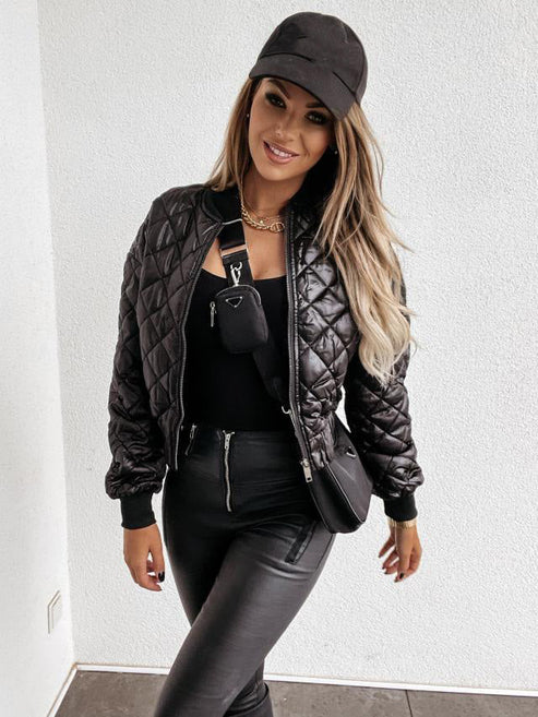 Women's Quilted Bomber Jacket – Padded Zip-Up Casual Jacket