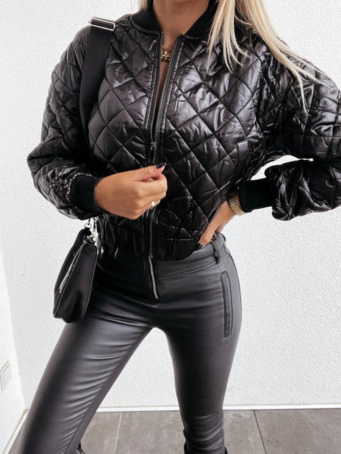 Women's Quilted Bomber Jacket – Padded Zip-Up Casual Jacket
