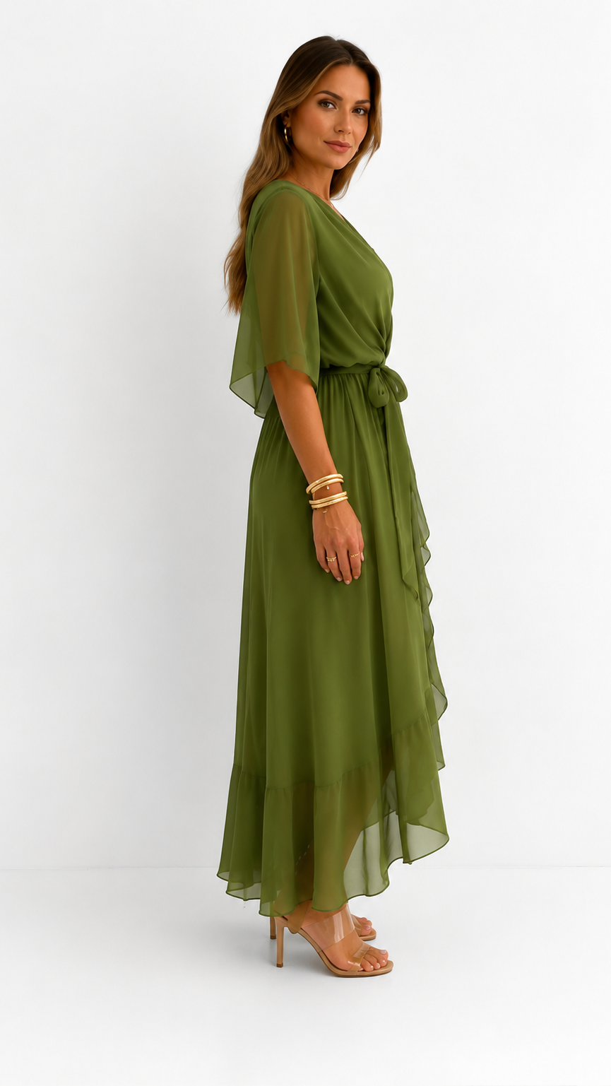 Women's Chiffon Wrap Dress – V-Neck Tie Waist Flowy Occasion Dress