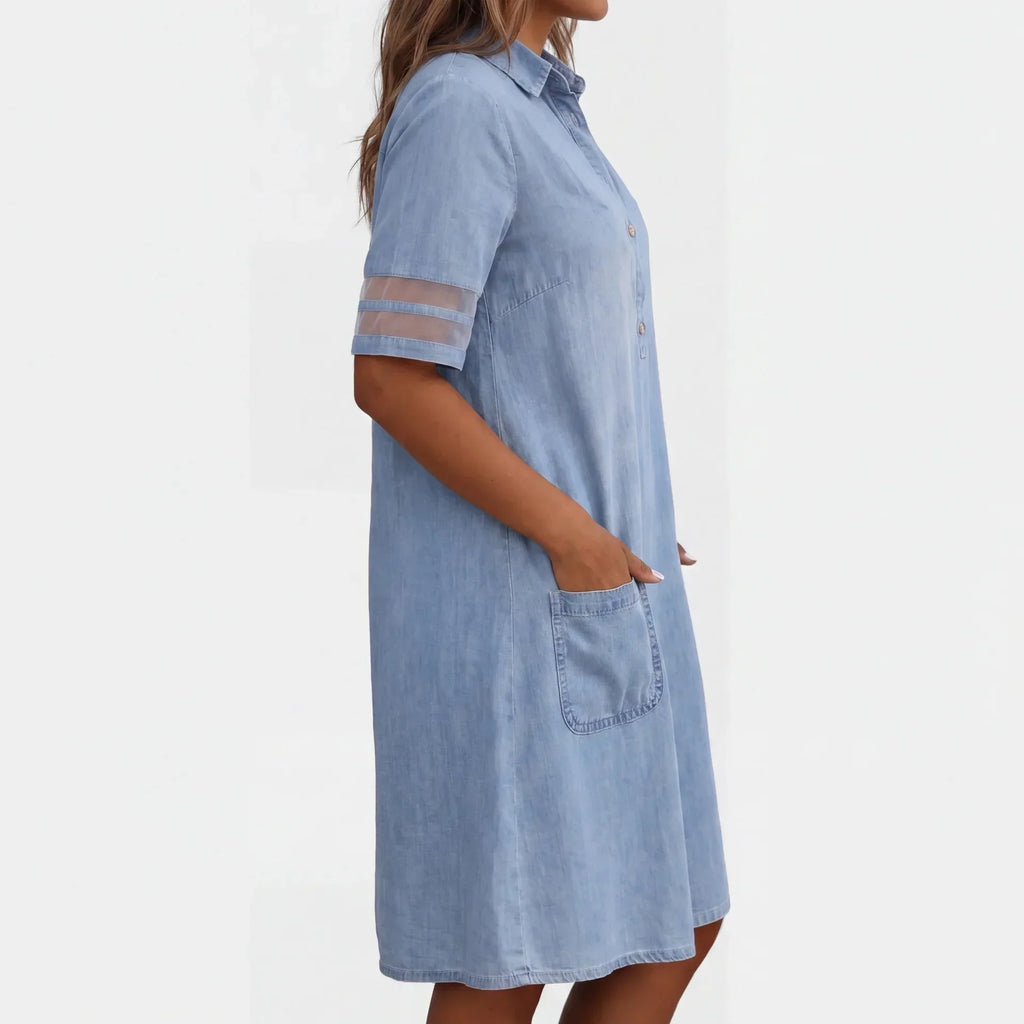 Women's Denim Look Shirt Dress – Button Front Long Sleeve Dress