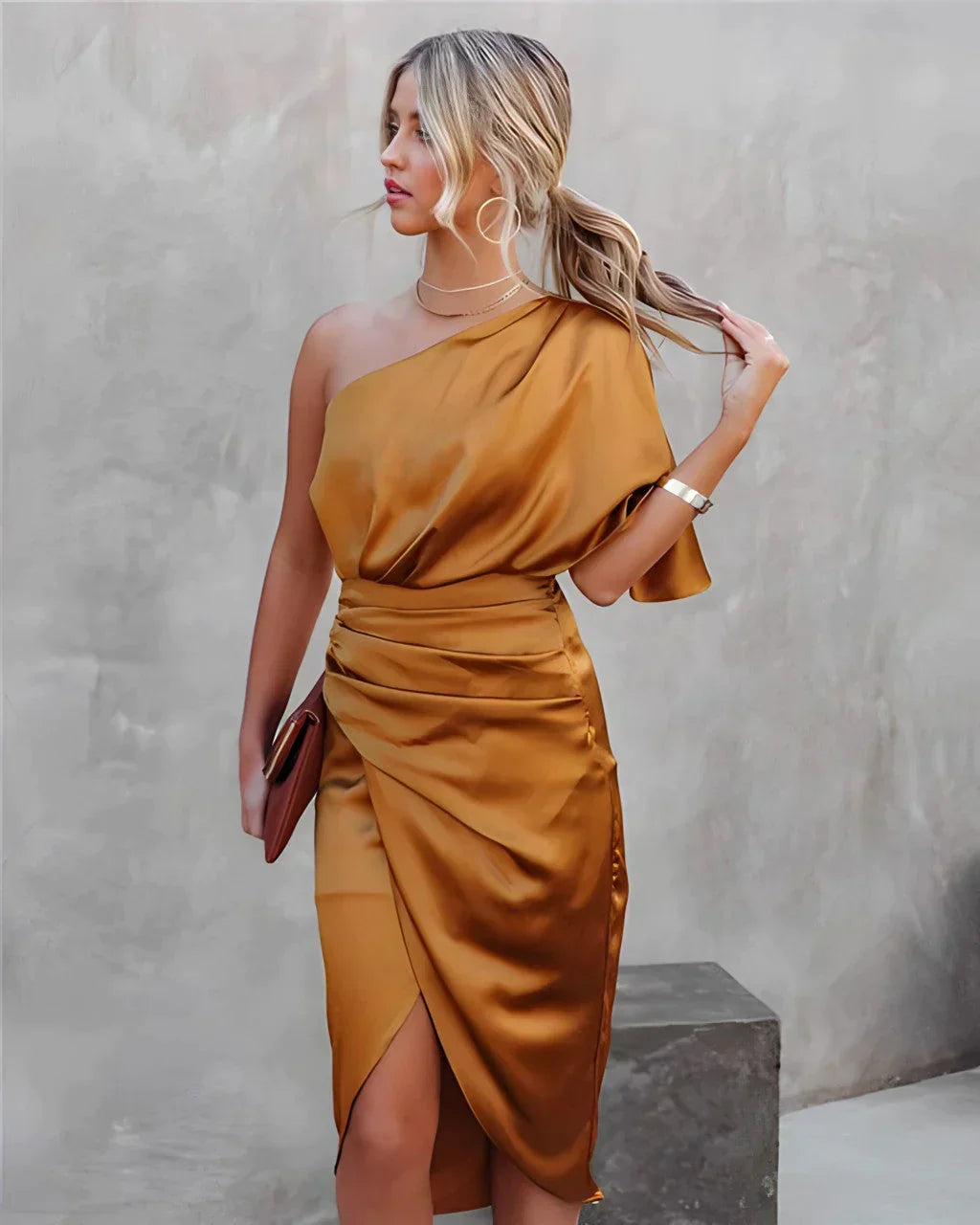 Women's One Shoulder Evening Gown – Pleated High Slit Formal Dress