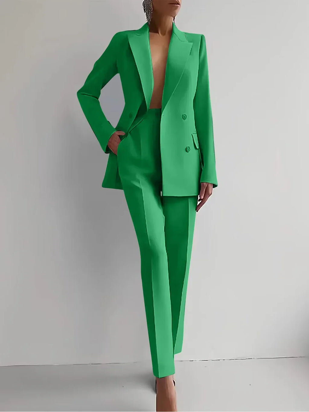 Women's Tailored Double Button Blazer Set – Office Trousers Two Piece Set