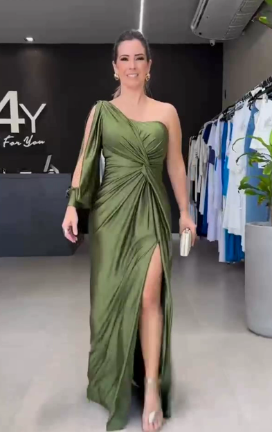 Women's One Shoulder Maxi Dress – Bow Detail Side Split Evening Dress