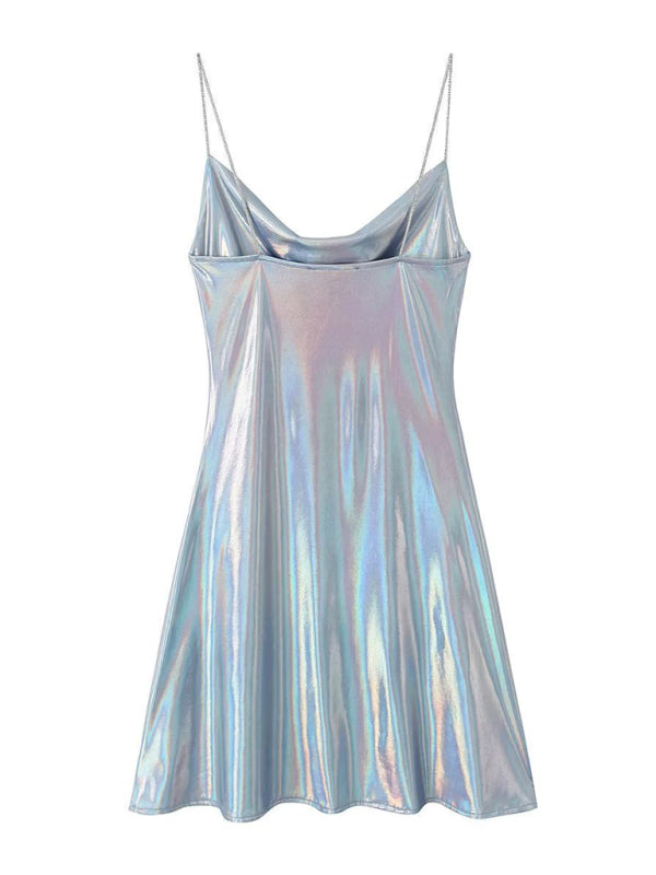 Women's Metallic Strap Mini Dress – Deep Back Fitted Party Dress