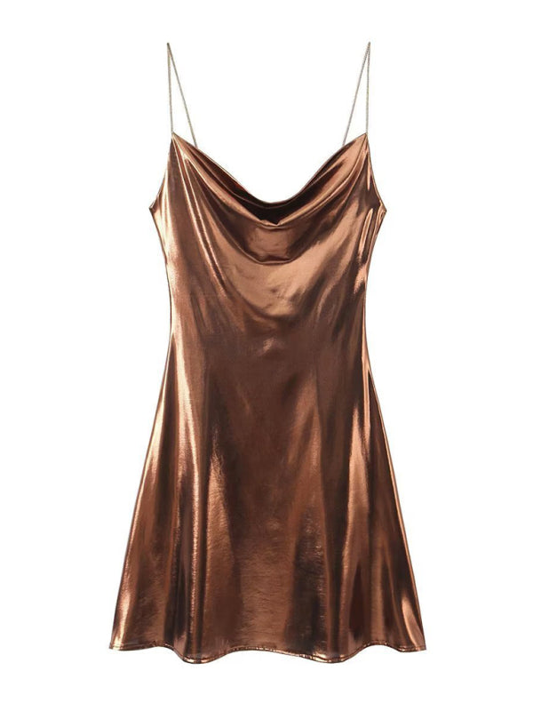 Women's Metallic Strap Mini Dress – Deep Back Fitted Party Dress