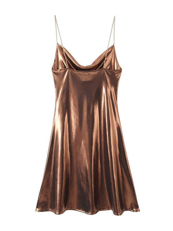 Women's Metallic Strap Mini Dress – Deep Back Fitted Party Dress