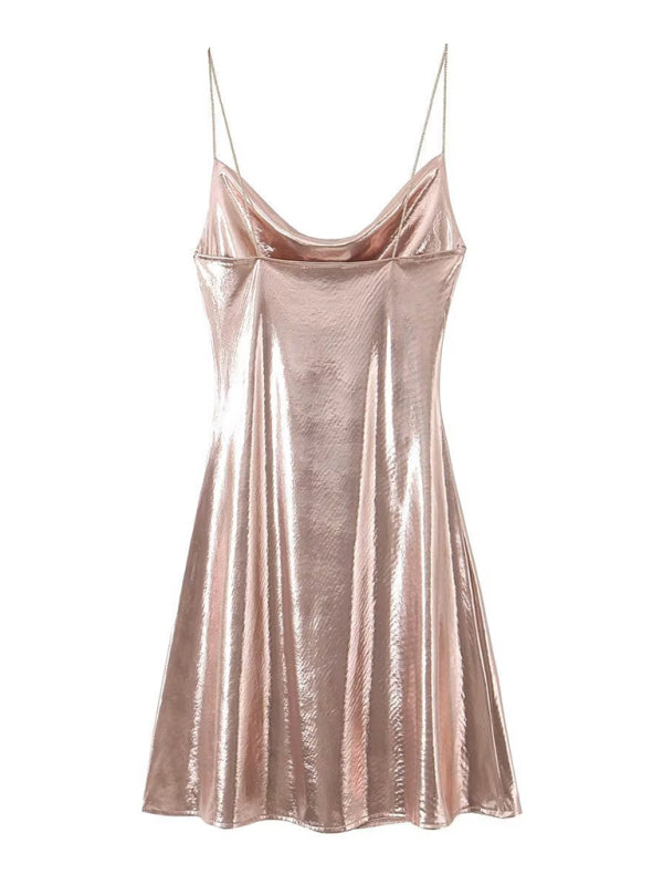 Women's Metallic Strap Mini Dress – Deep Back Fitted Party Dress