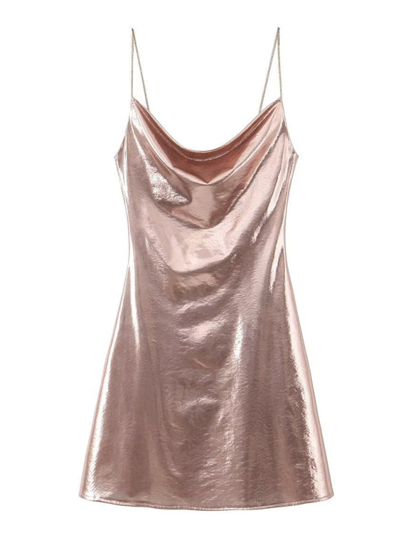 Women's Metallic Strap Mini Dress – Deep Back Fitted Party Dress