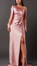 Women's One Shoulder Maxi Dress – Bow Detail Side Split Evening Dress
